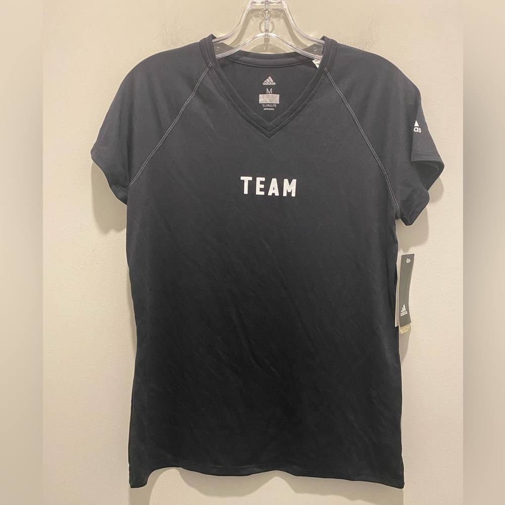 adidas Black Short Sleeve 'TEAM' V-Neck NYSC Athletic Tee Size Medium NWT